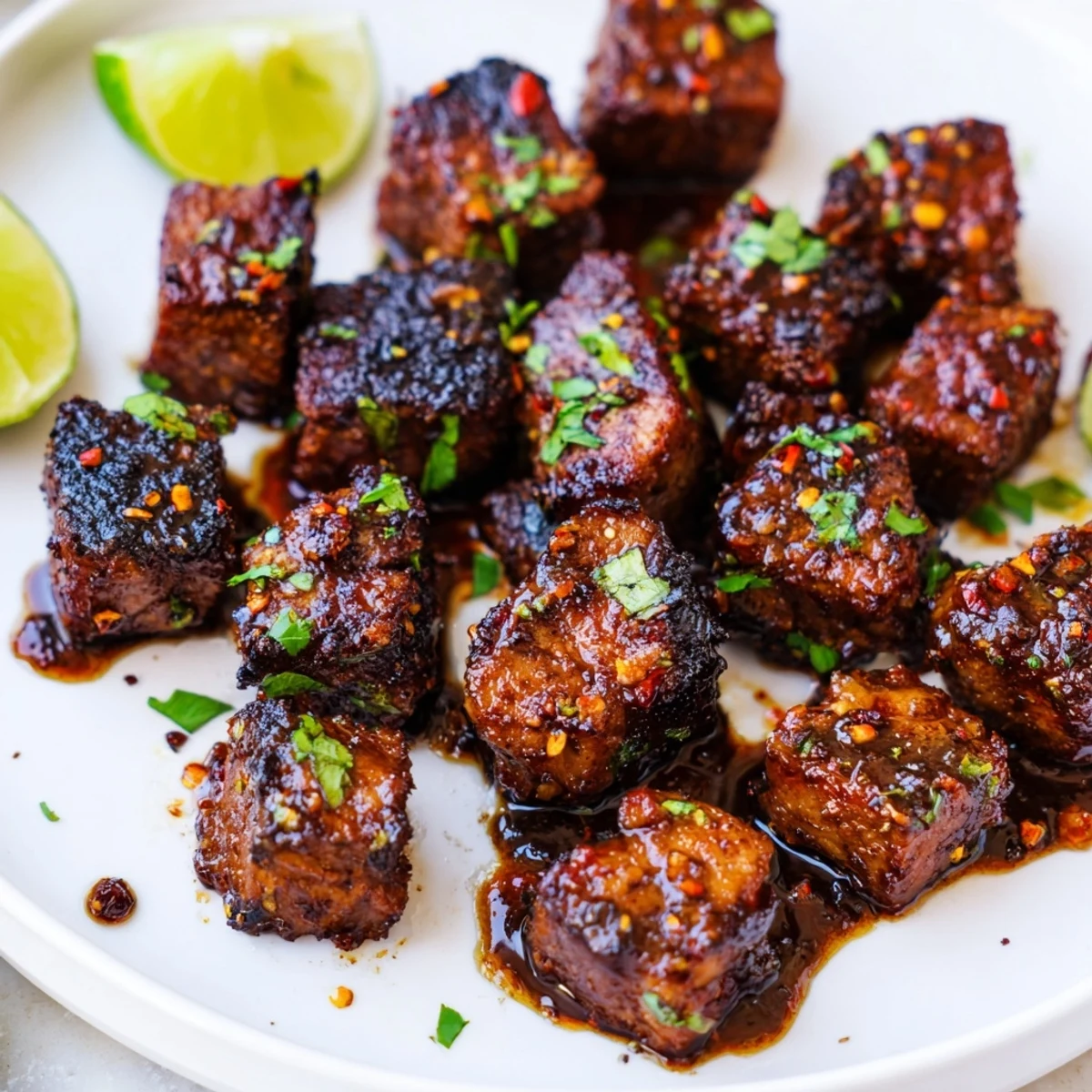 Plate of Sweet Spicy Jerk Style Beef Bites garnished with cilantro, toothpicks