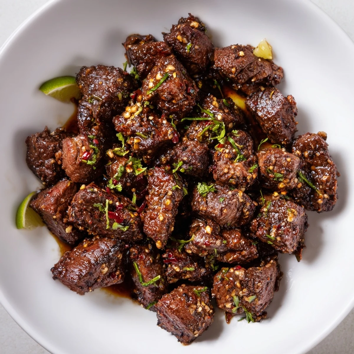 Smoky Sweet Spicy Jerk Style Beef Bites steaming on skillet, tangy citrus aroma