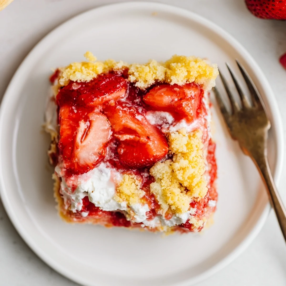 Warm Strawberry Cheesecake Dump Cake bubbling with creamy filling and buttery golden top