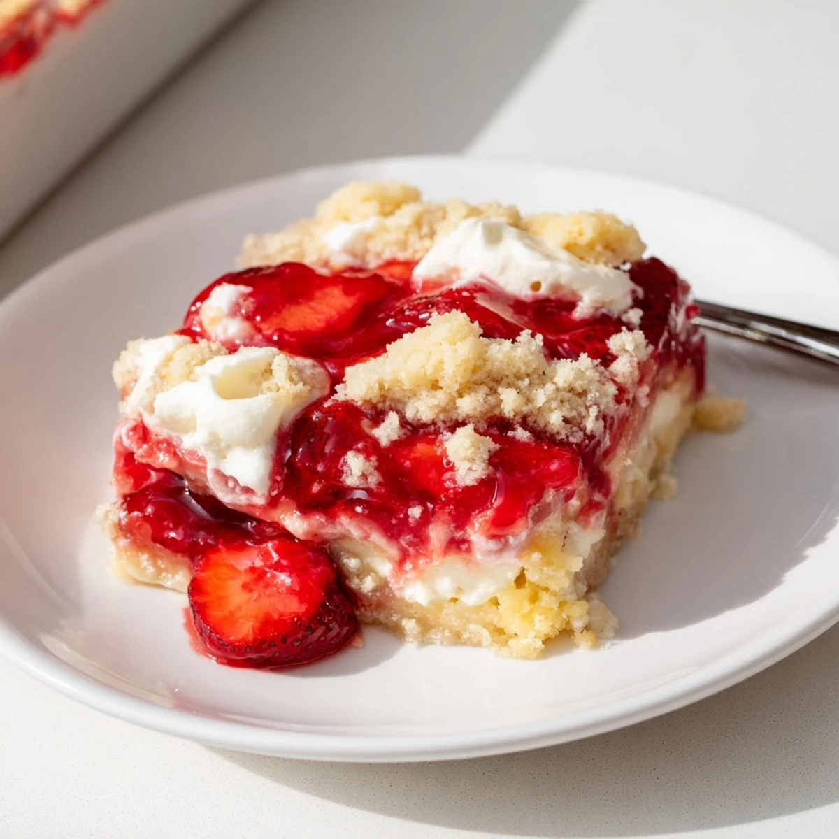 Strawberry Cheesecake Dump Cake in 9x13 pan, juicy berries and vanilla ice cream