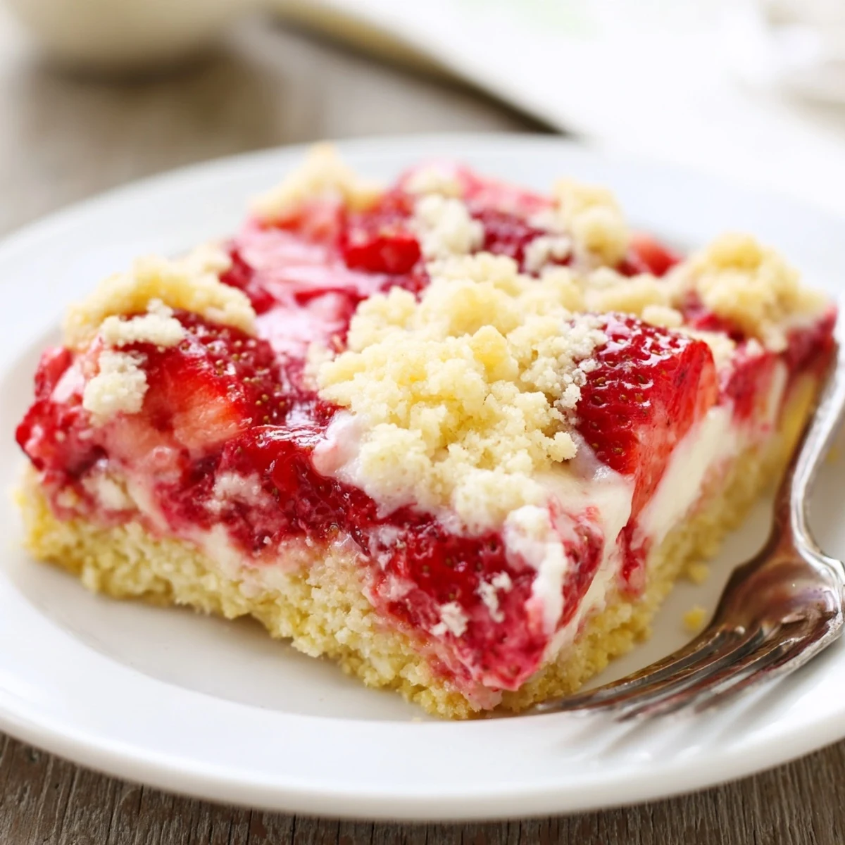 Spoon slicing into Strawberry Cheesecake Dump Cake reveals silky pockets and tart syrup