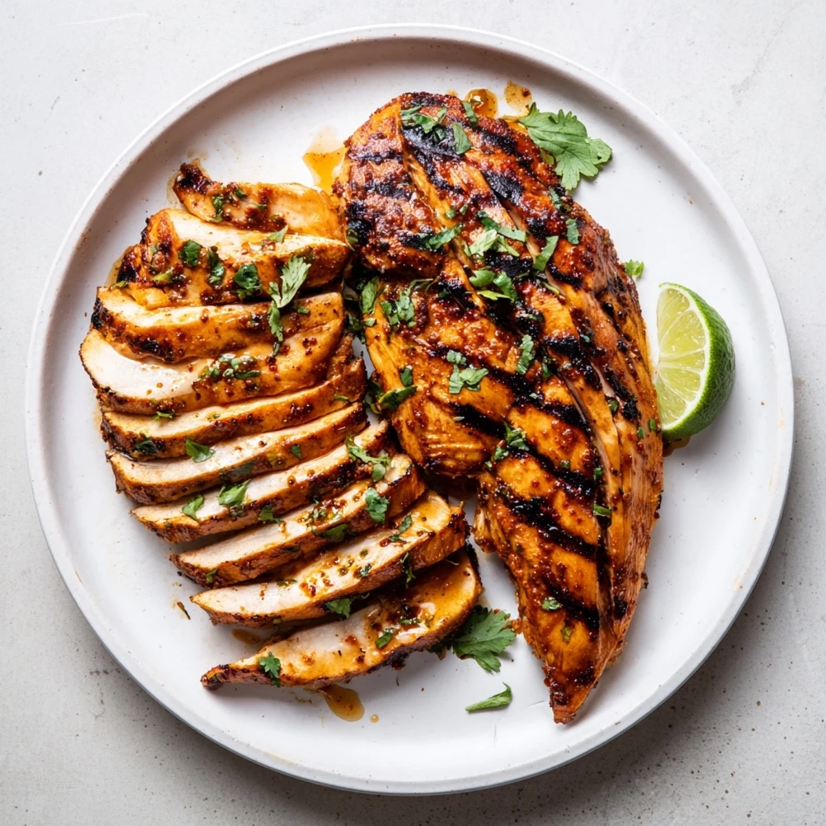 Key West Grilled Chicken With Tropical Citrus Marinade glistening, charred edges, lime wedges.