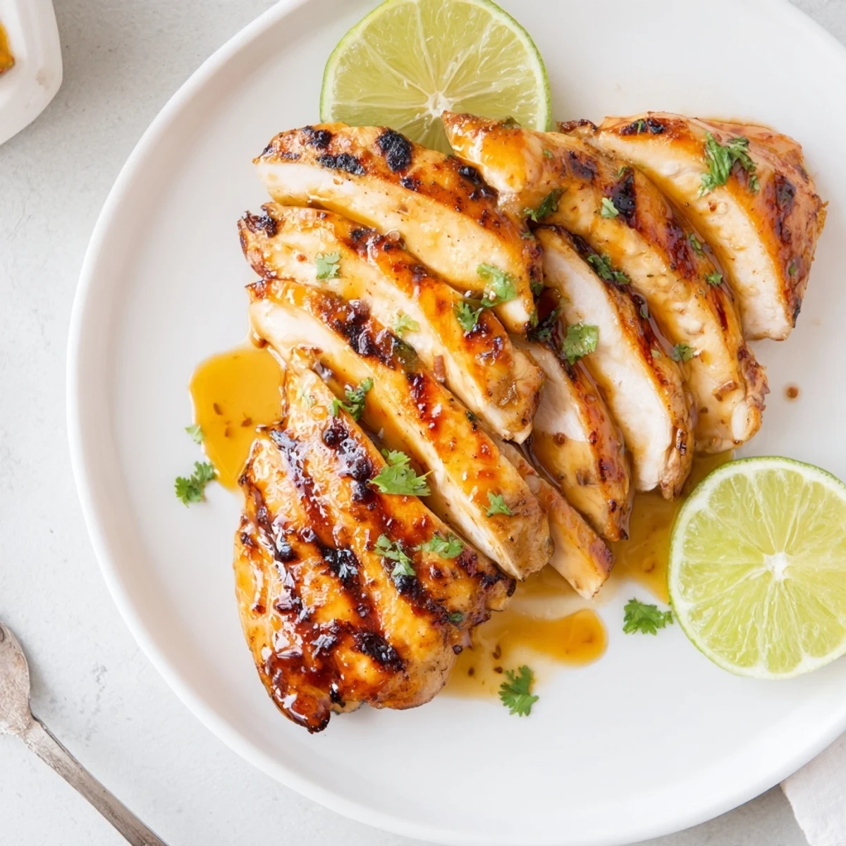 Skewered slices of Key West Grilled Chicken With Tropical Citrus Marinade served with cilantro.