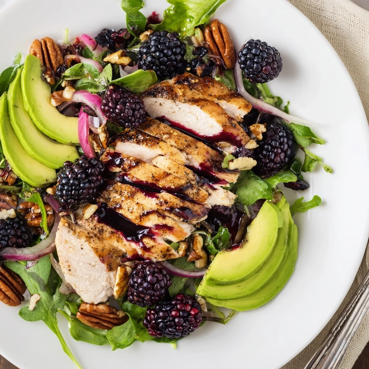 Grilled Sweet Tangy Blackberry Chicken Salad Recipe topped with toasted pecans and feta.