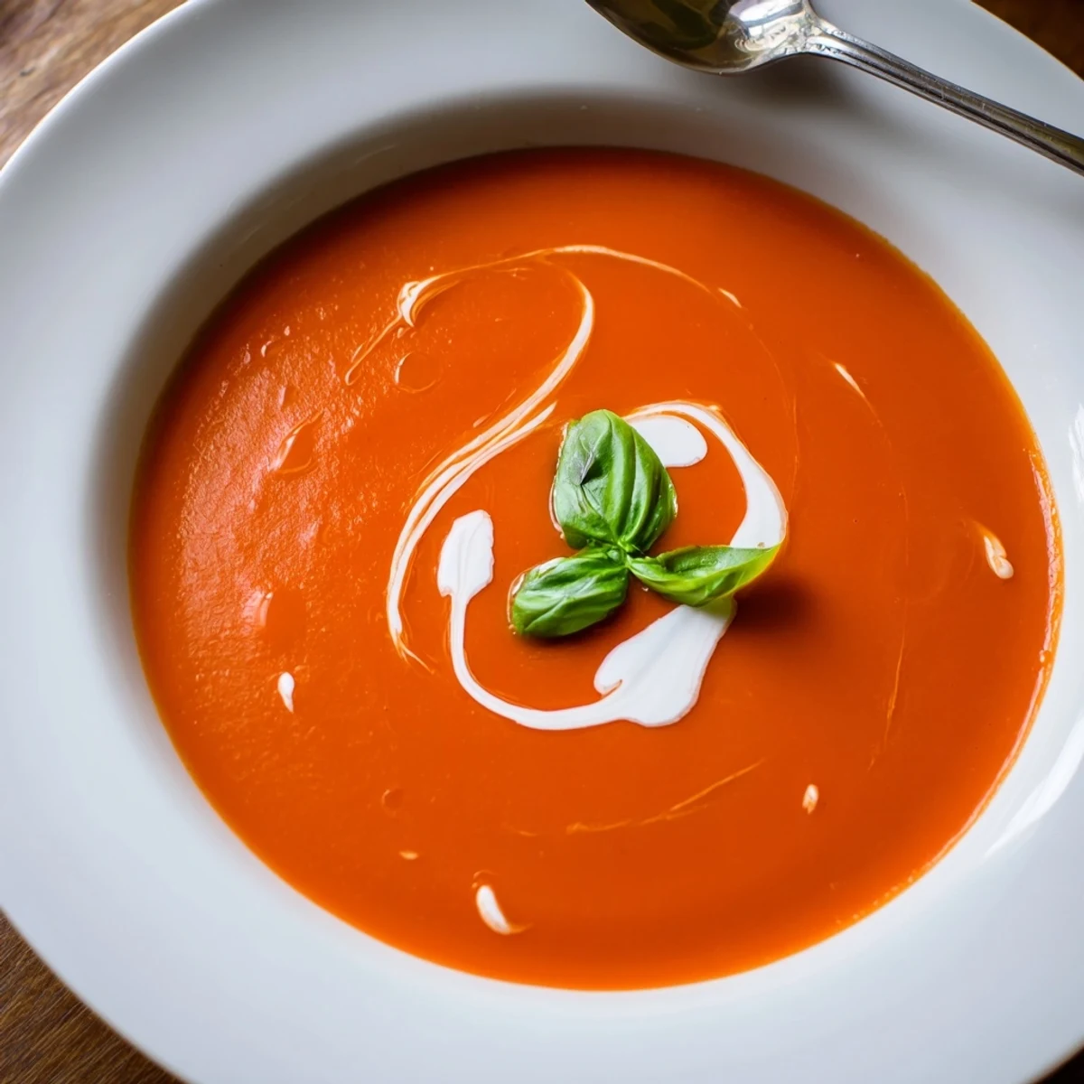 Silky Tomato Soup in a white bowl, basil garnish and steam  