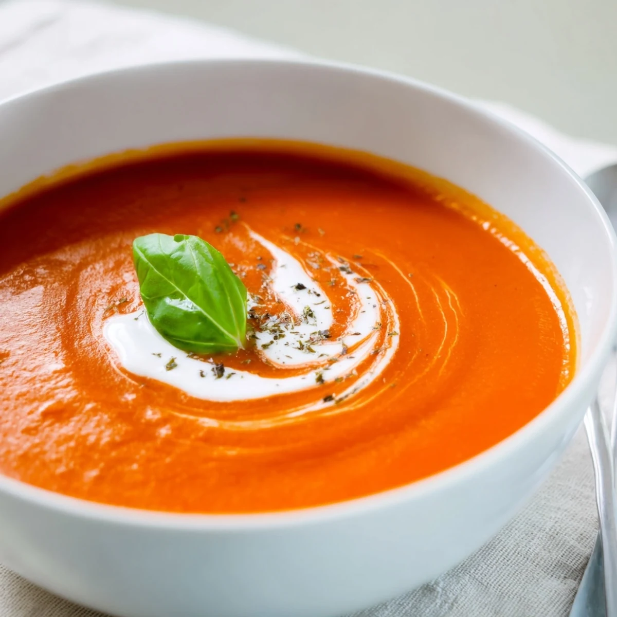 Roasted Tomato Soup poured from pot, fragrant garlic and fresh basil