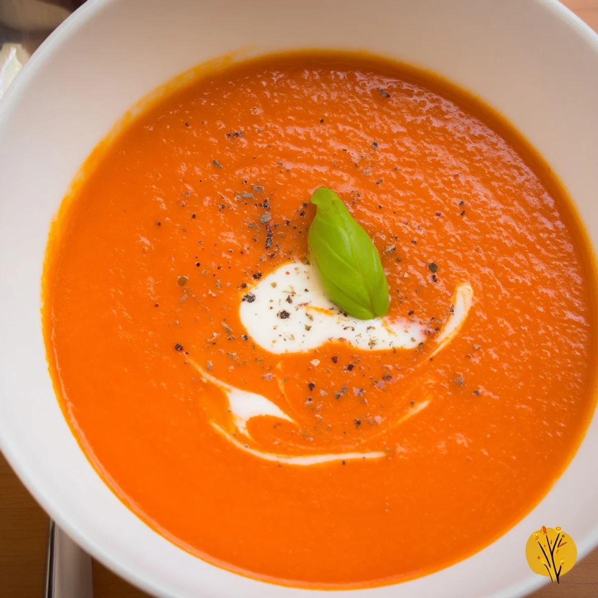 Warm homemade Tomato Soup ladled into mug, creamy swirl and crusty bread  