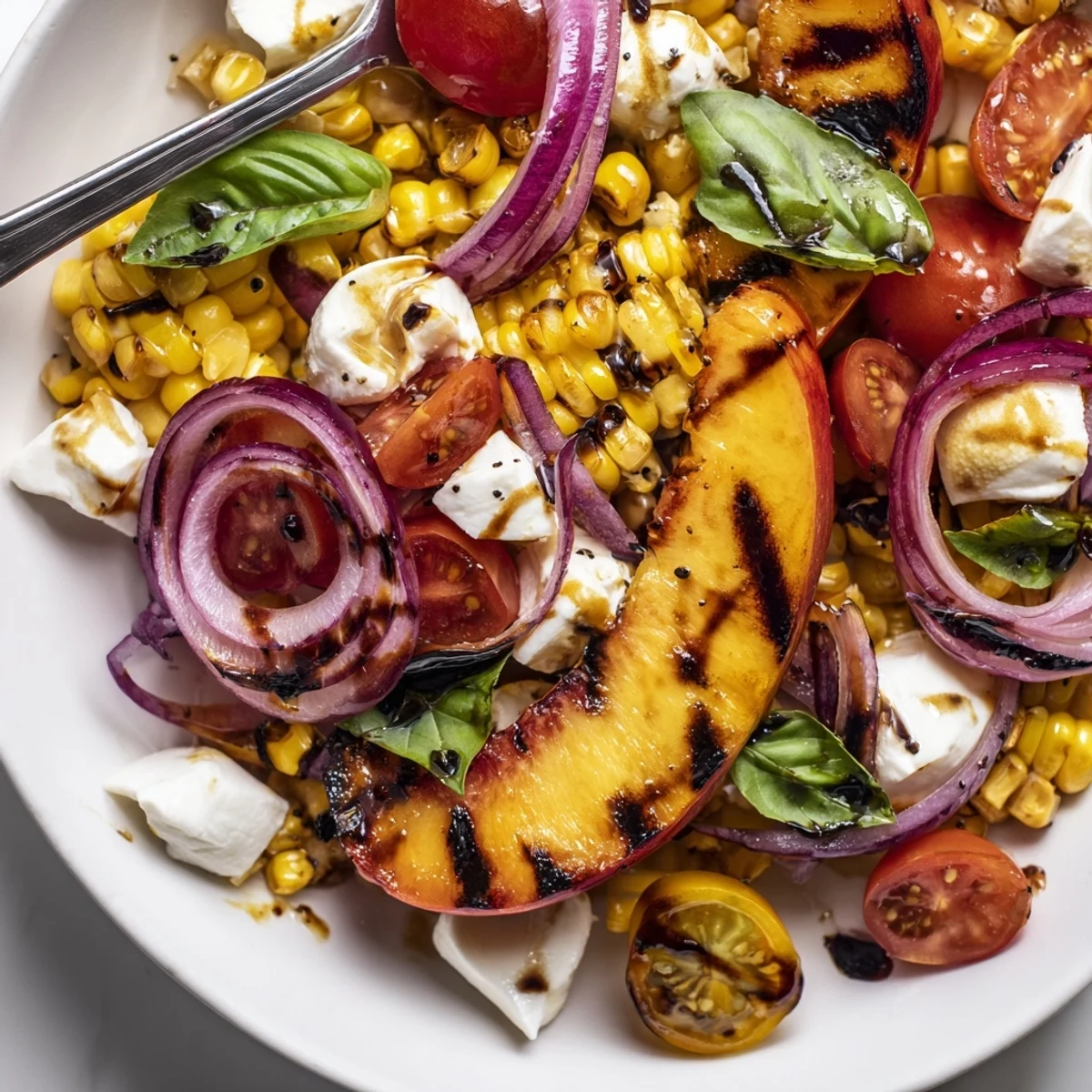 Bright Grilled Peach Corn Salad with Creamy Cheese, tossed in balsamic honey dressing