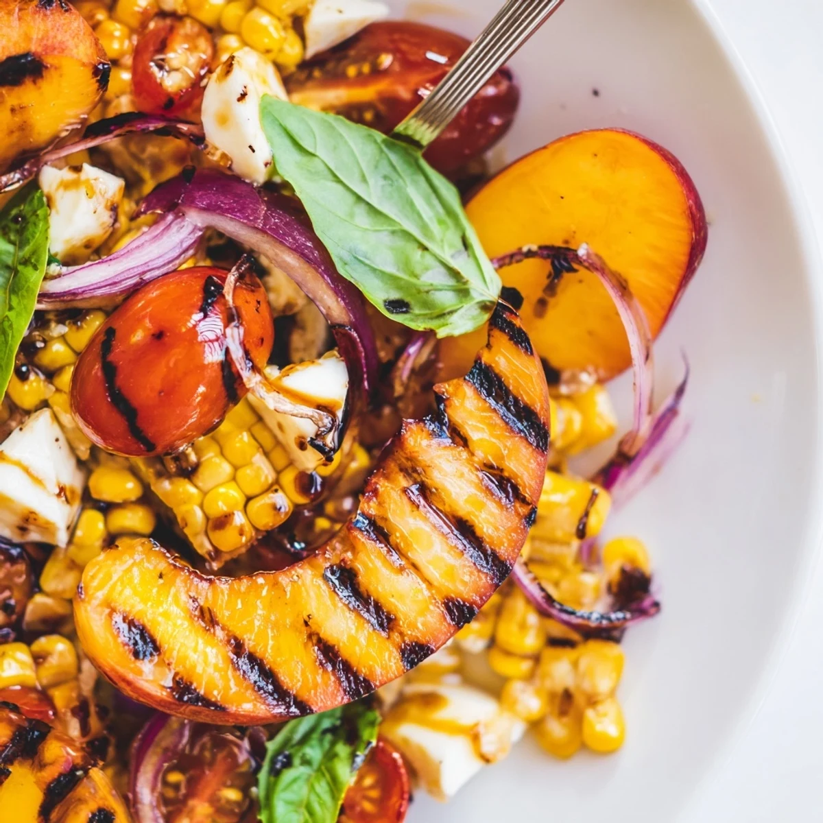 Grilled Peach Corn Salad with Creamy Cheese, charred peaches and sweet corn kernels