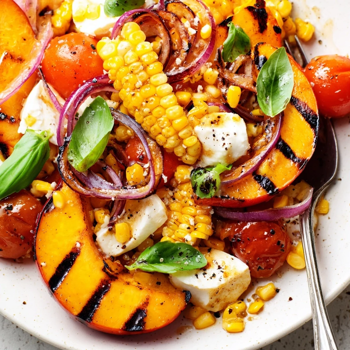 Family style Grilled Peach Corn Salad with Creamy Cheese on picnic plate