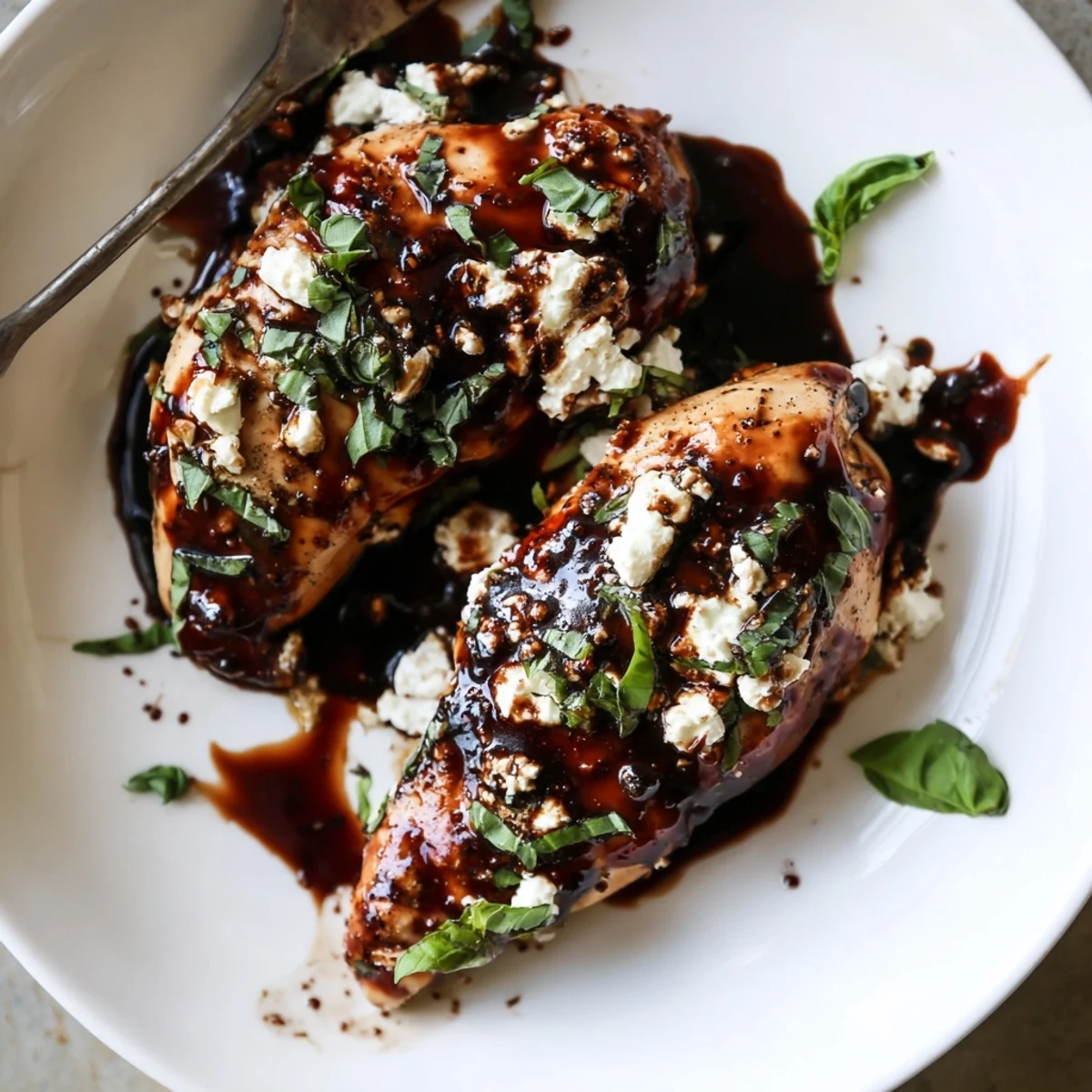 Sweet Tangy Balsamic Chicken with Goat Cheese & Basil glistening with reduction.