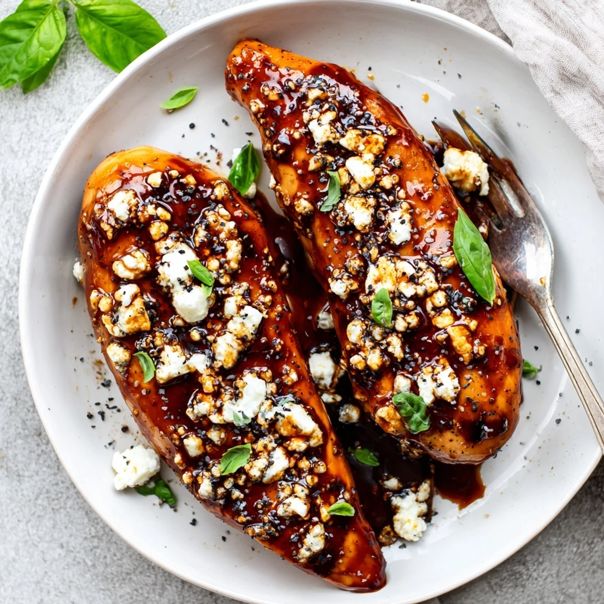 Oven-roasted Sweet Tangy Balsamic Chicken with Goat Cheese & Basil, spooned sauce.