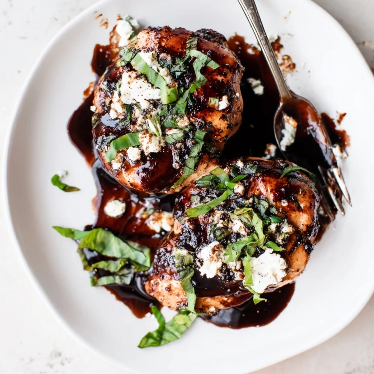 Creamy-topped Sweet Tangy Balsamic Chicken with Goat Cheese & Basil served over greens.