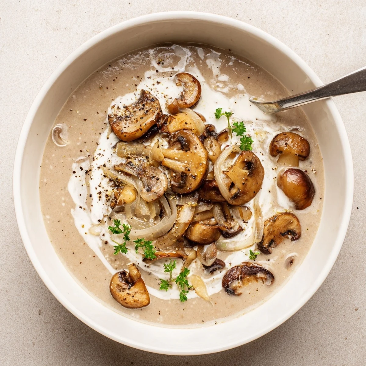 Creamy Mushroom Soup steaming in a bowl, earthy aroma and parsley garnish