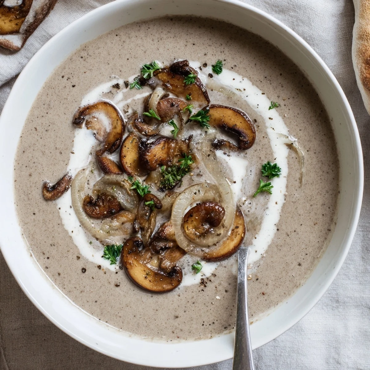 Velvety Mushroom Soup ladled beside crusty bread, rich savory notes