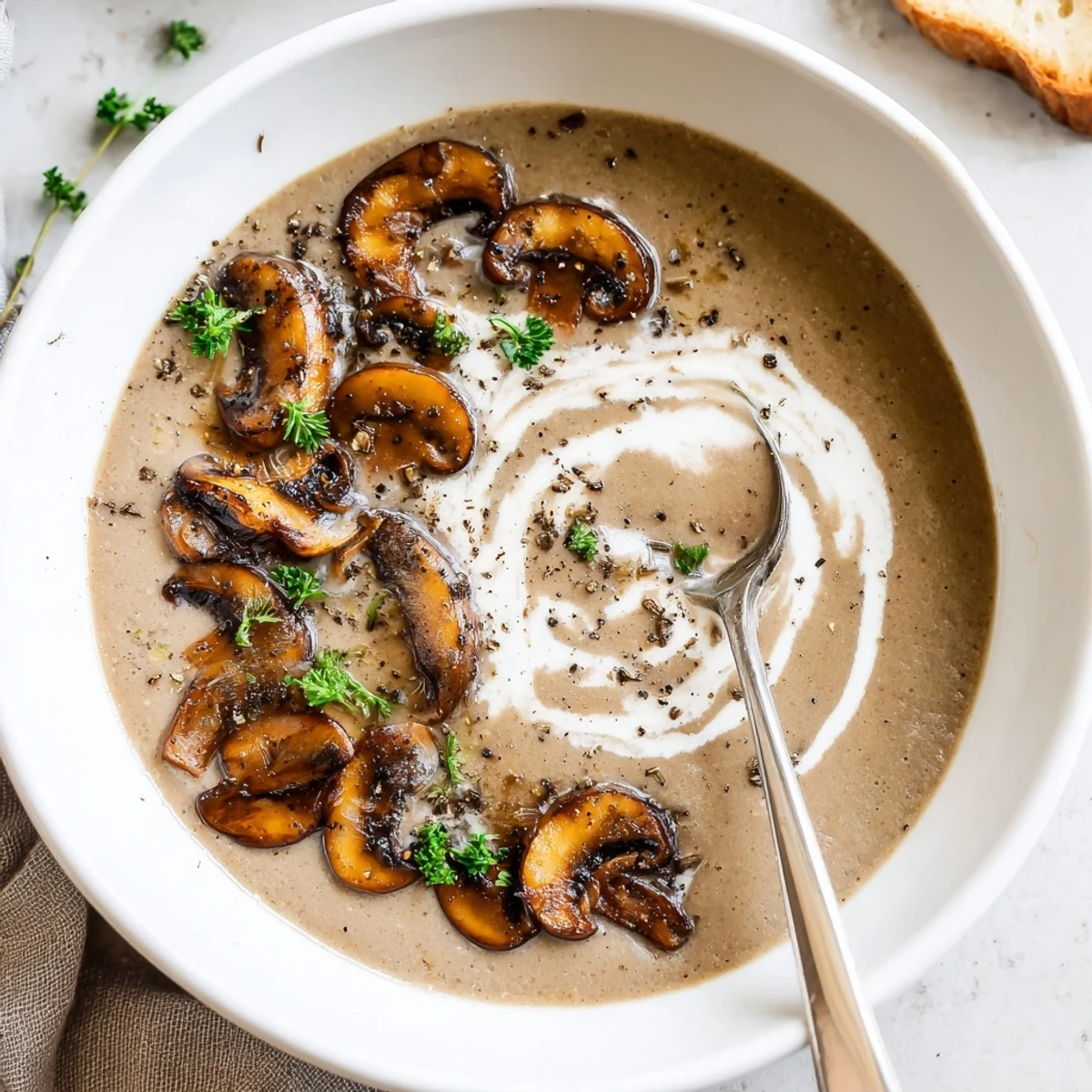 Browned mushrooms in pot, silky Mushroom Soup finished with fresh thyme
