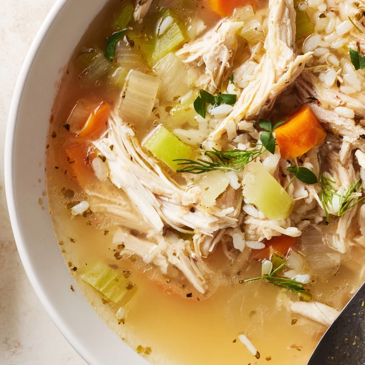 Chicken Soup simmering in a pot, fragrant broth with tender shredded chicken