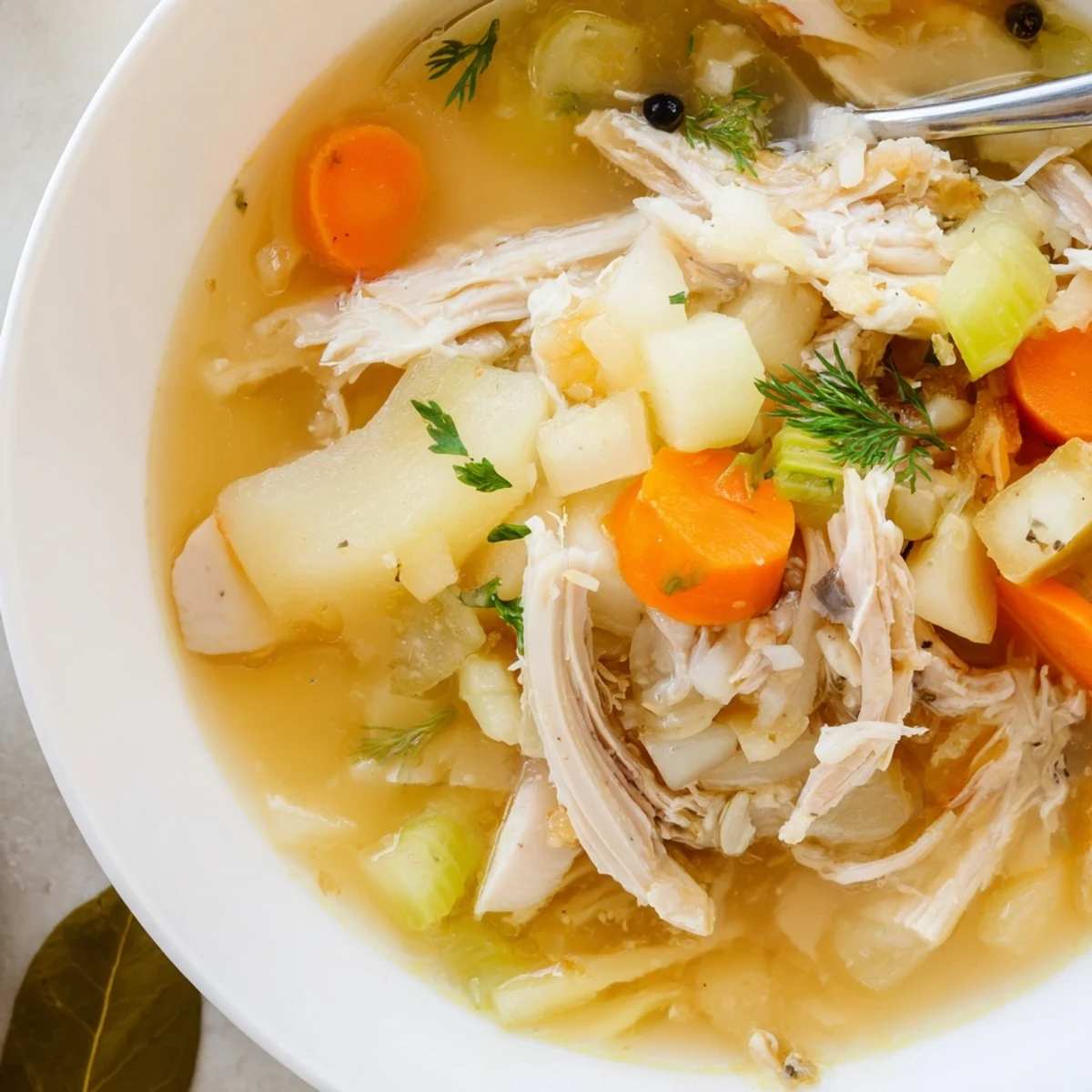 Hearty Chicken Soup served with crusty bread, steaming golden broth and carrots