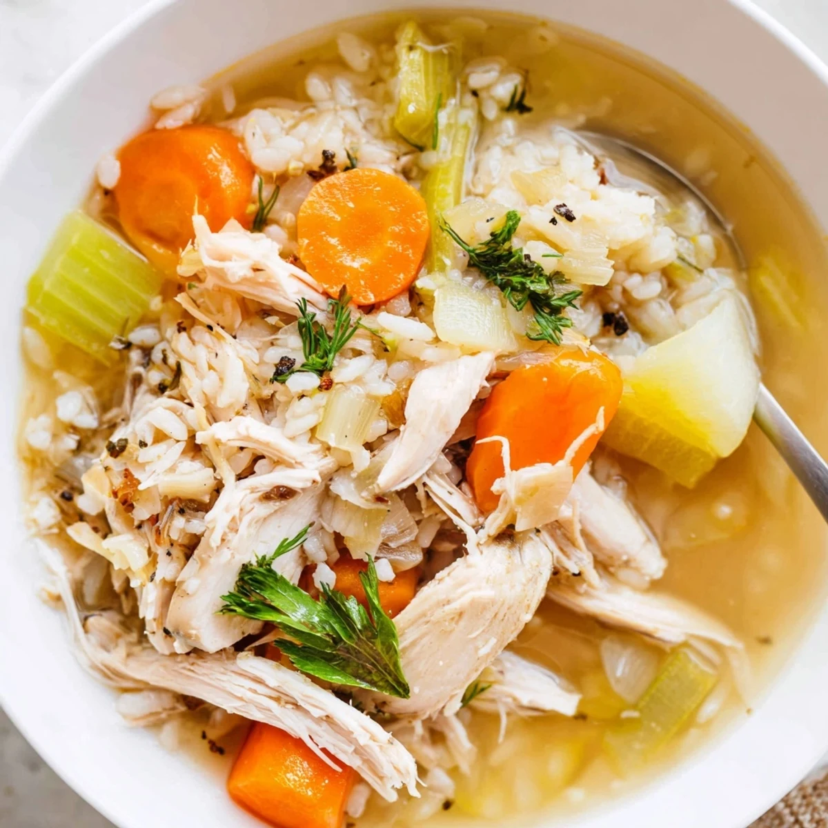 Bowl of Chicken Soup garnished with parsley, warm aroma and soft vegetables