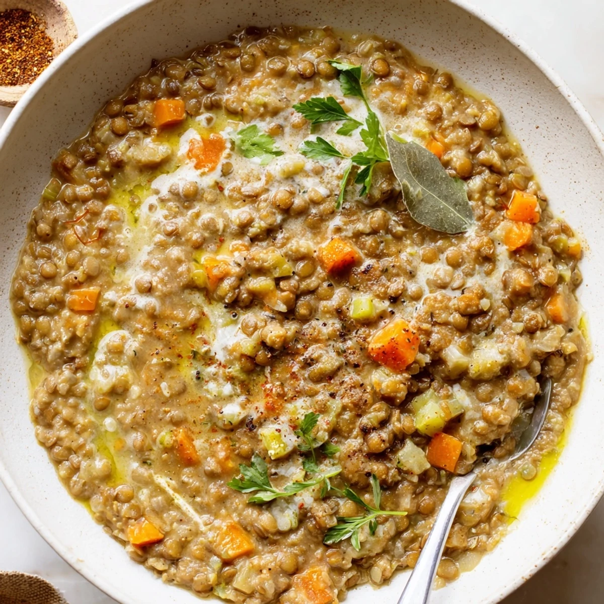Lentil Soup steaming in a bowl, rich broth, carrots, parsley garnish.
