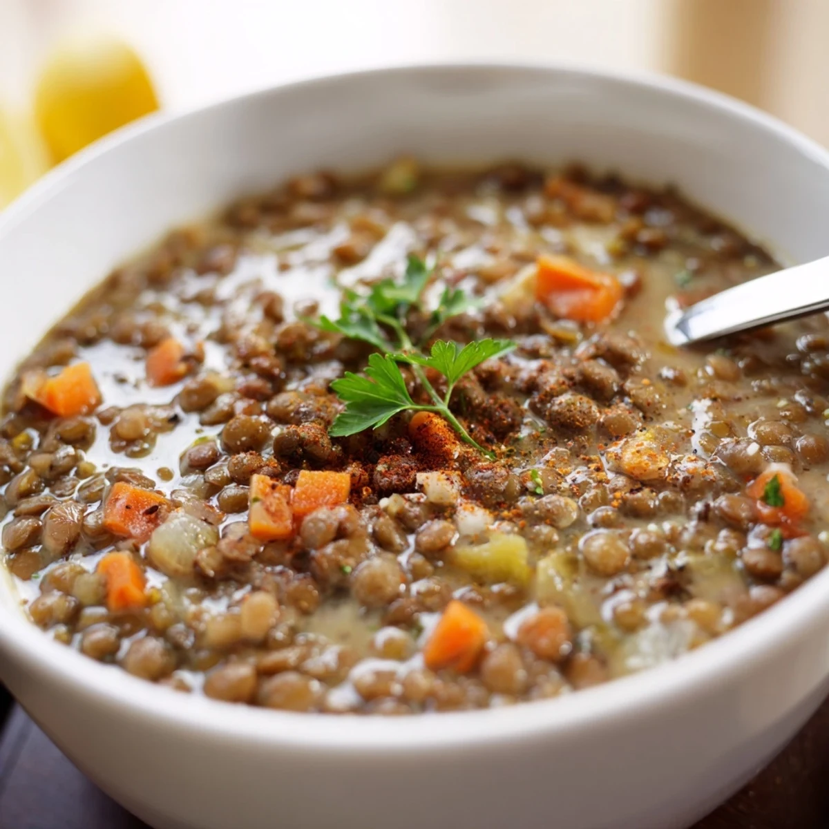 Hearty Lentil Soup ladled over crusty bread, warm, earthy spices.