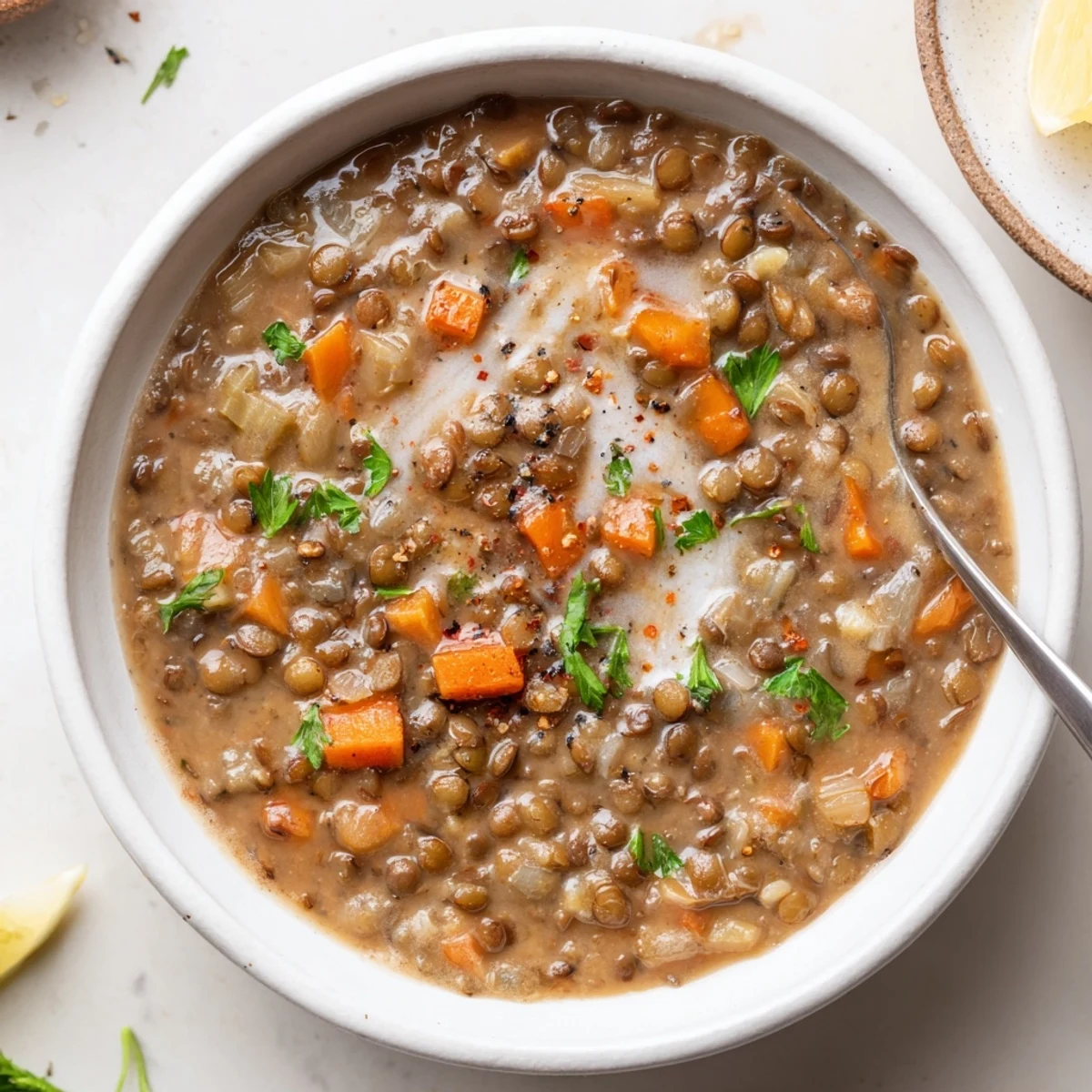 Weeknight Lentil Soup simmering in pot, lemon brightness and cumin.