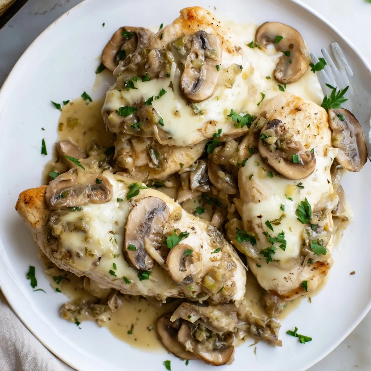 Oven-baked Cheesy Chicken Mushroom Bake served with steaming mashed potatoes