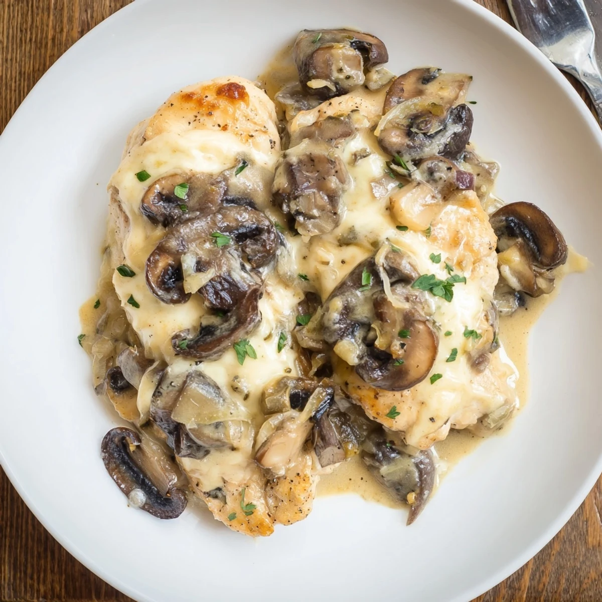 Cheesy Chicken Mushroom Bake with bubbling golden cheese, fresh parsley garnish