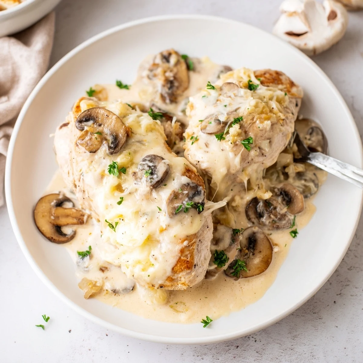 Creamy Cheesy Chicken Mushroom Bake revealing tender chicken, earthy mushrooms, saucy edges
