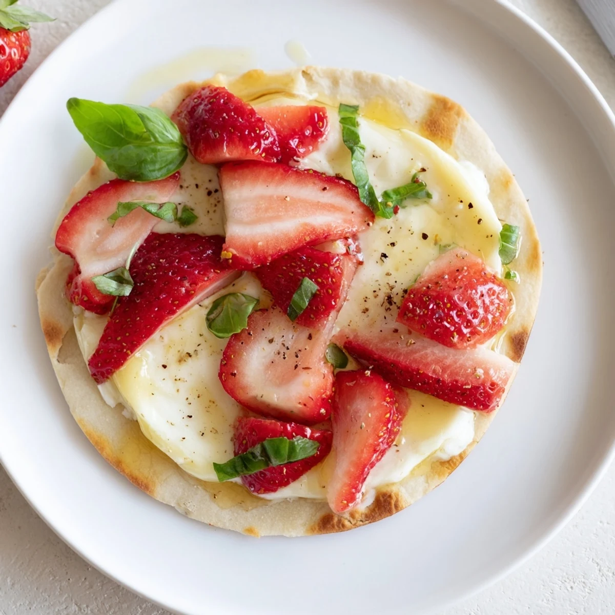 Warm Strawberry Brie Flatbread with melted cheese, honey drizzle and basil