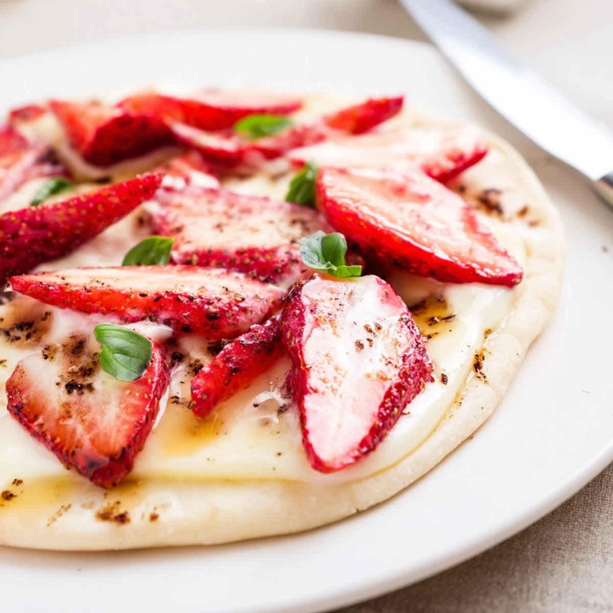 Crispy Strawberry Brie Flatbread topped with sliced strawberries and cracked pepper