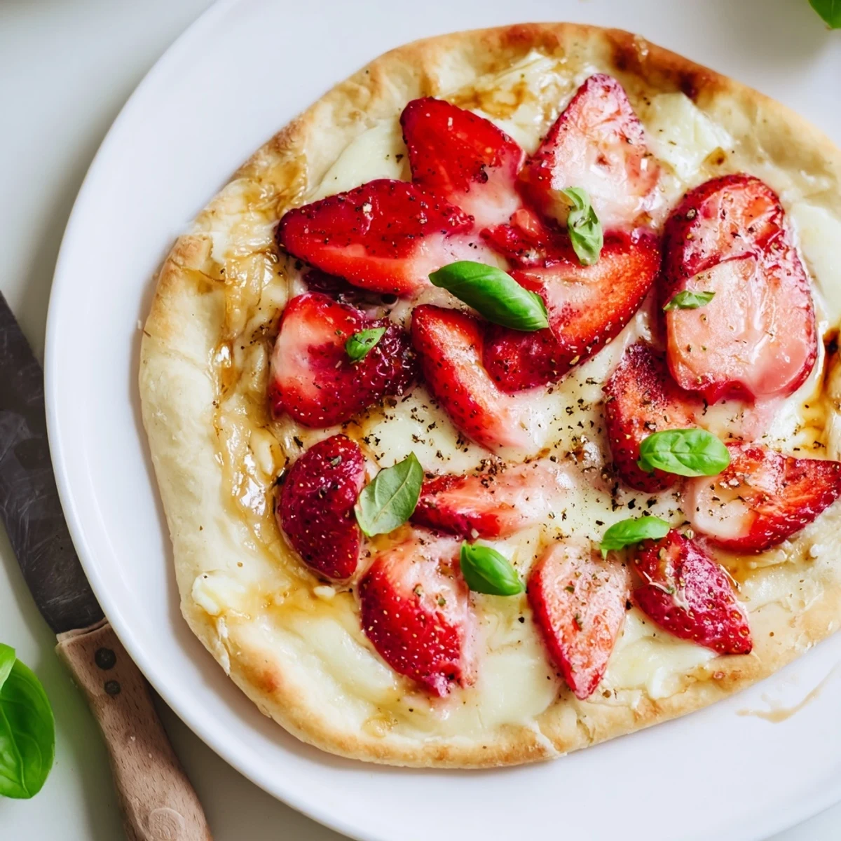 Slice of Strawberry Brie Flatbread served warm, balsamic glaze and arugula