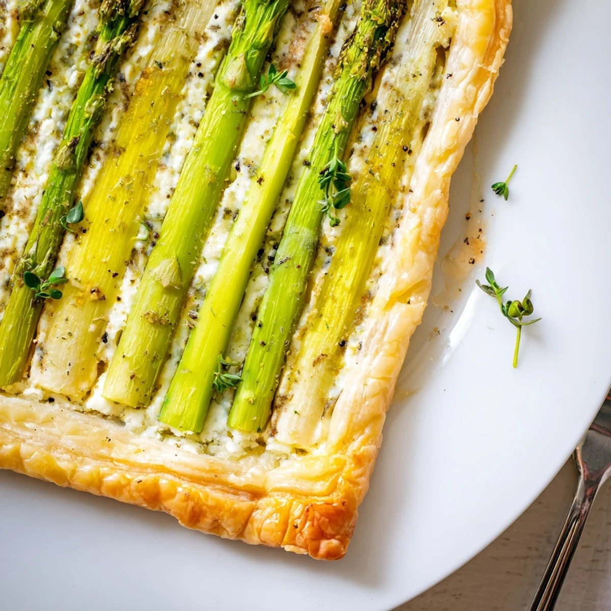 Warm Asparagus Goat Cheese Tart served for spring brunch, lemon-zest aroma