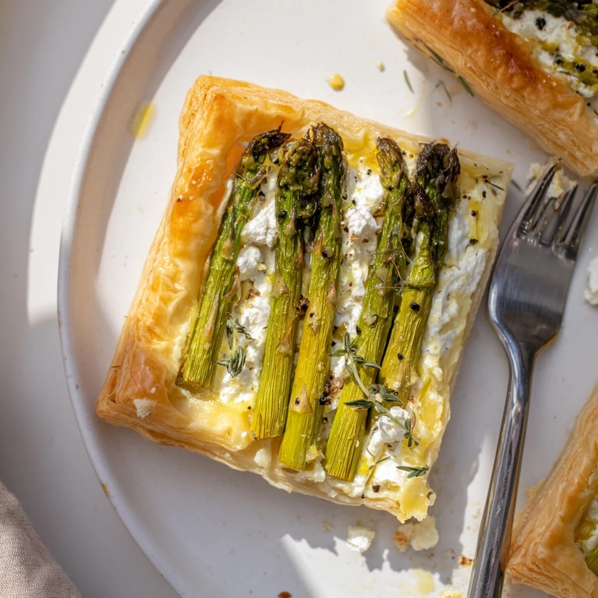 Asparagus Goat Cheese Tart with golden flaky crust, tender asparagus, thyme garnish