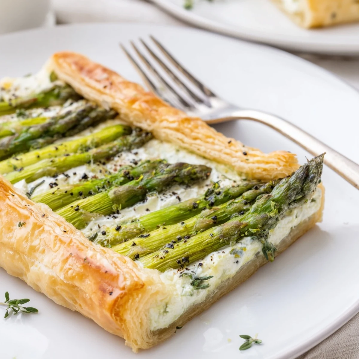 Sliced Asparagus Goat Cheese Tart on parchment, buttery puff pastry, creamy filling
