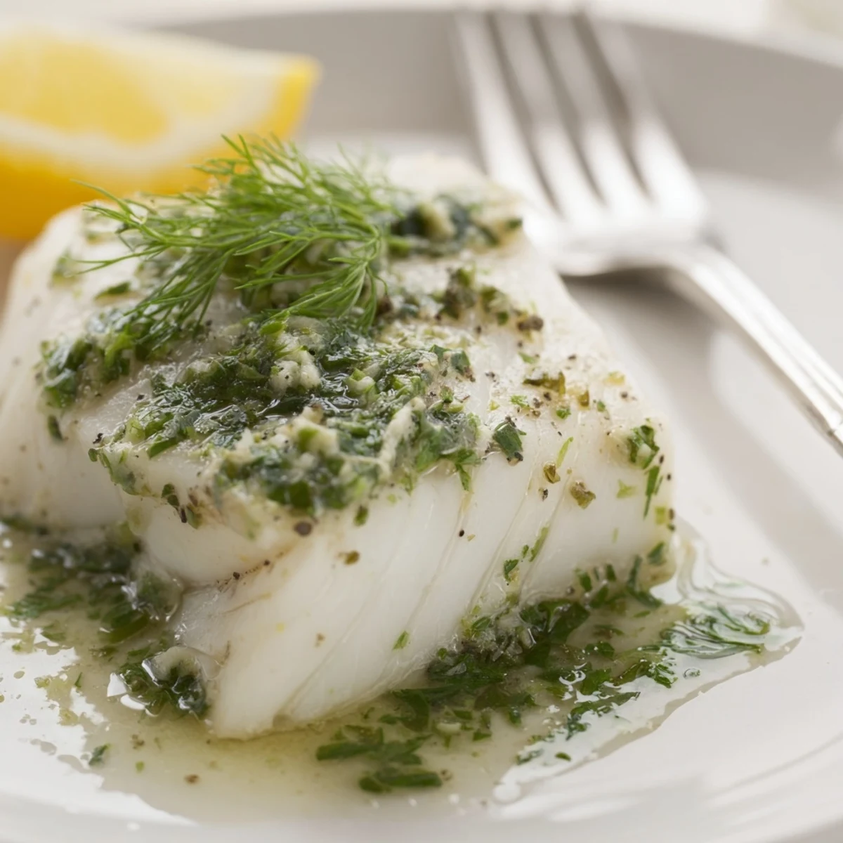 Baked Halibut With Herb Butter glistening, flaky fillets topped with melted lemony butter.