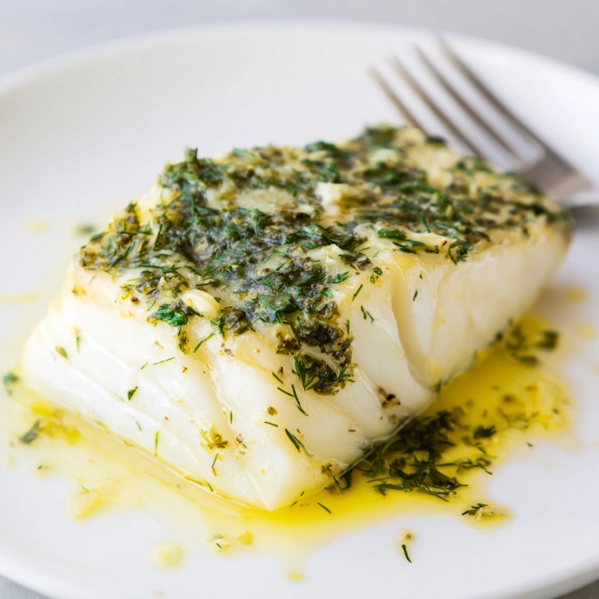 Sliced lemon beside buttery fillets of Baked Halibut With Herb Butter ready to serve.