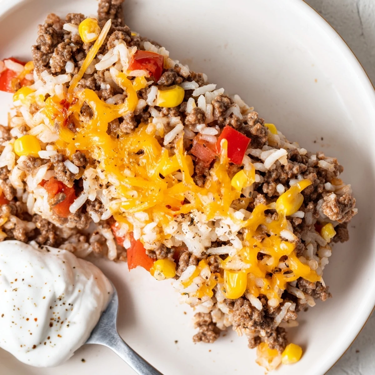 Bubbly Cheesy Beef And Rice Delight Casserole, golden top, steaming, ready to serve