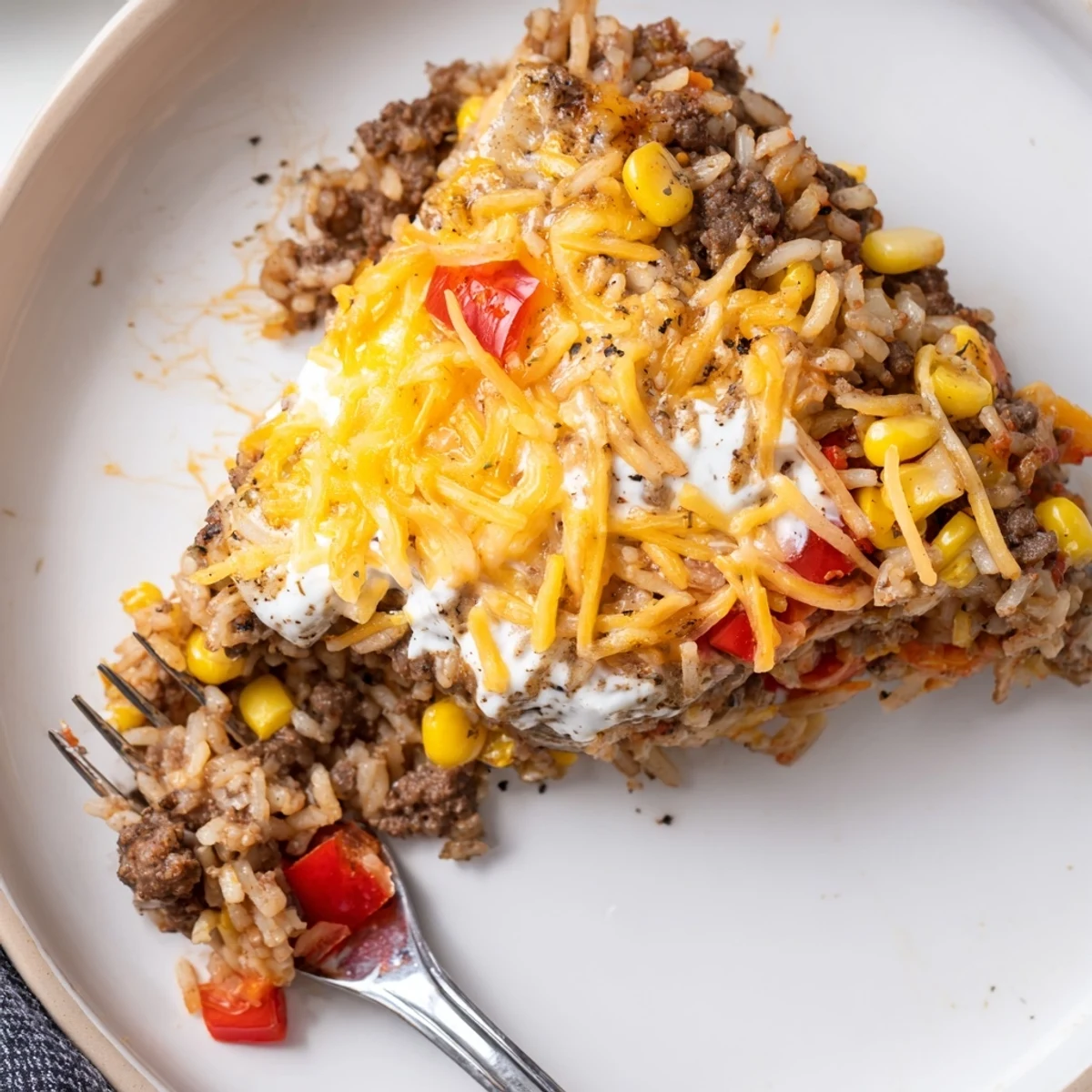 Hearty Cheesy Beef And Rice Delight Casserole in a baking dish, tender rice
