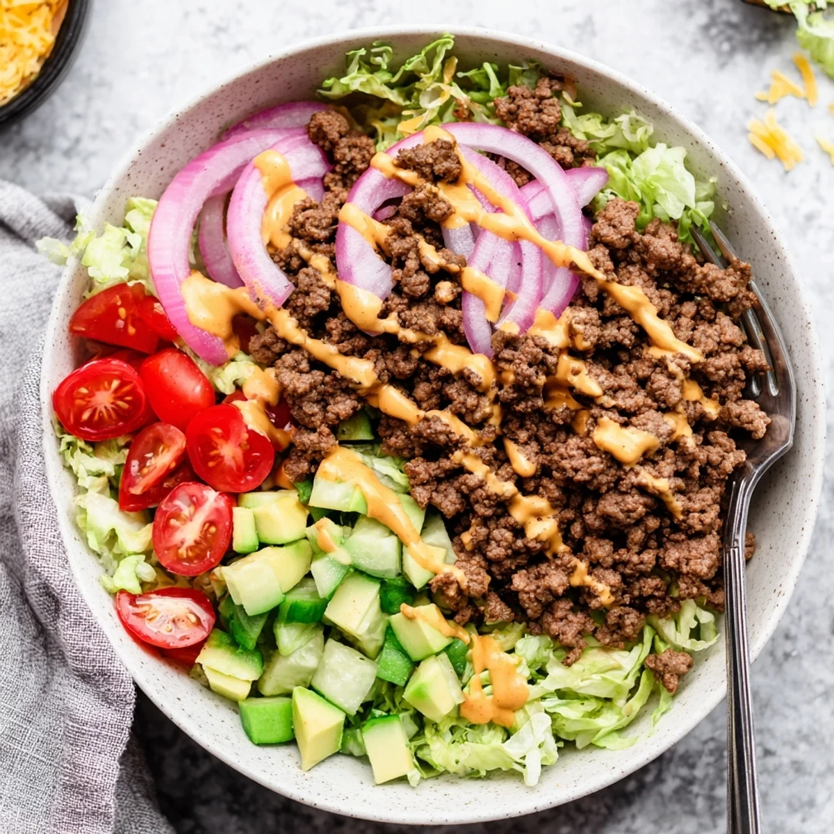 Meal prep friendly Savory Protein Packed Burger Bowls with smoky yogurt and ketchup drizzle