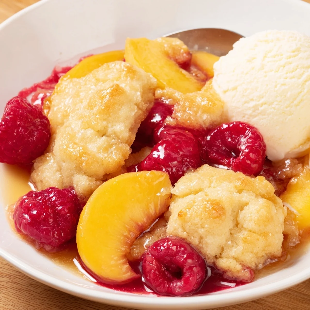 Warm Peach Raspberry Cobbler Recipe topped with golden biscuits, steam rising, ideal for sharing.