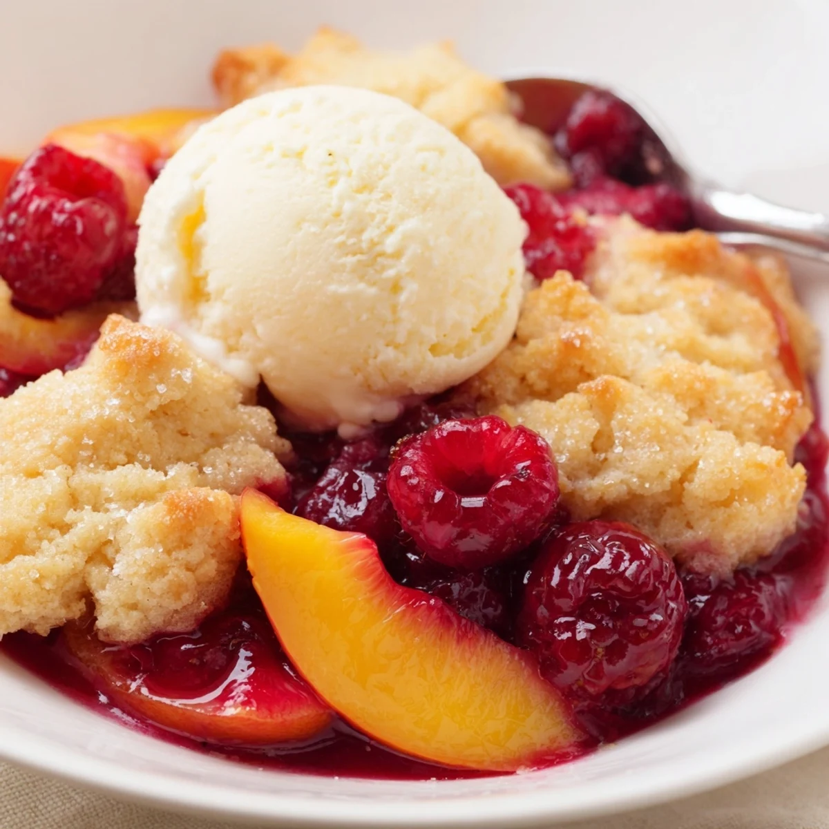 Peach Raspberry Cobbler Recipe bubbling with syrupy fruit, golden biscuit topping, served warm.
