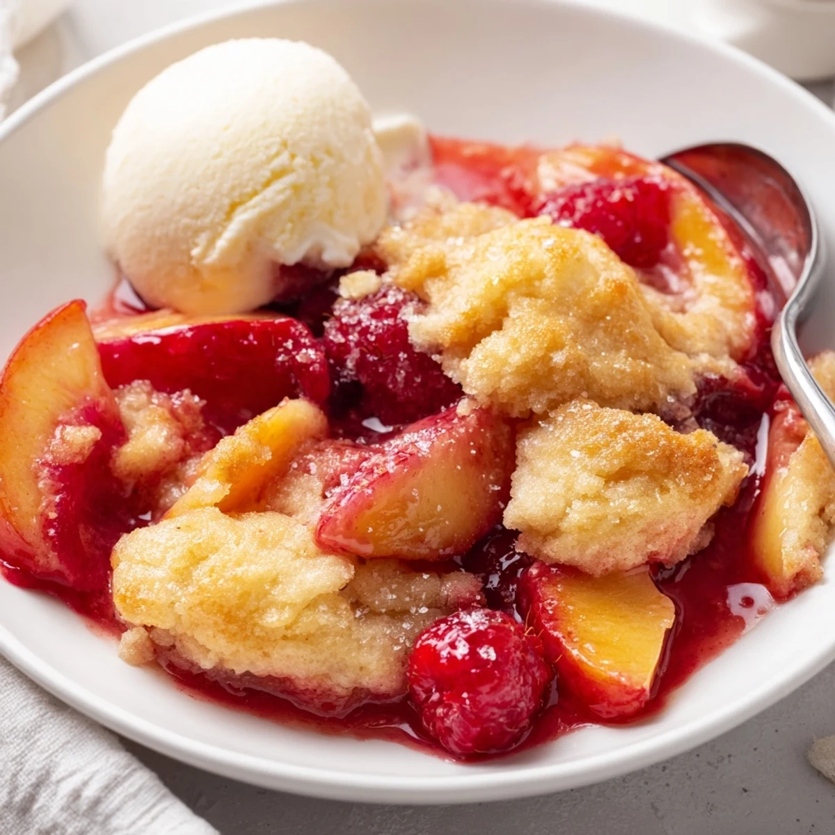 Spoonful of Peach Raspberry Cobbler Recipe steaming, juicy peaches, raspberries, buttery crumb, vanilla scoop.