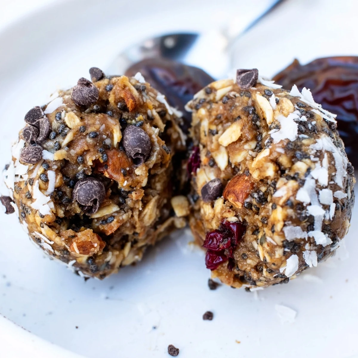 Chewy Date Energy Balls piled on a plate, naturally sweet coconut bites.