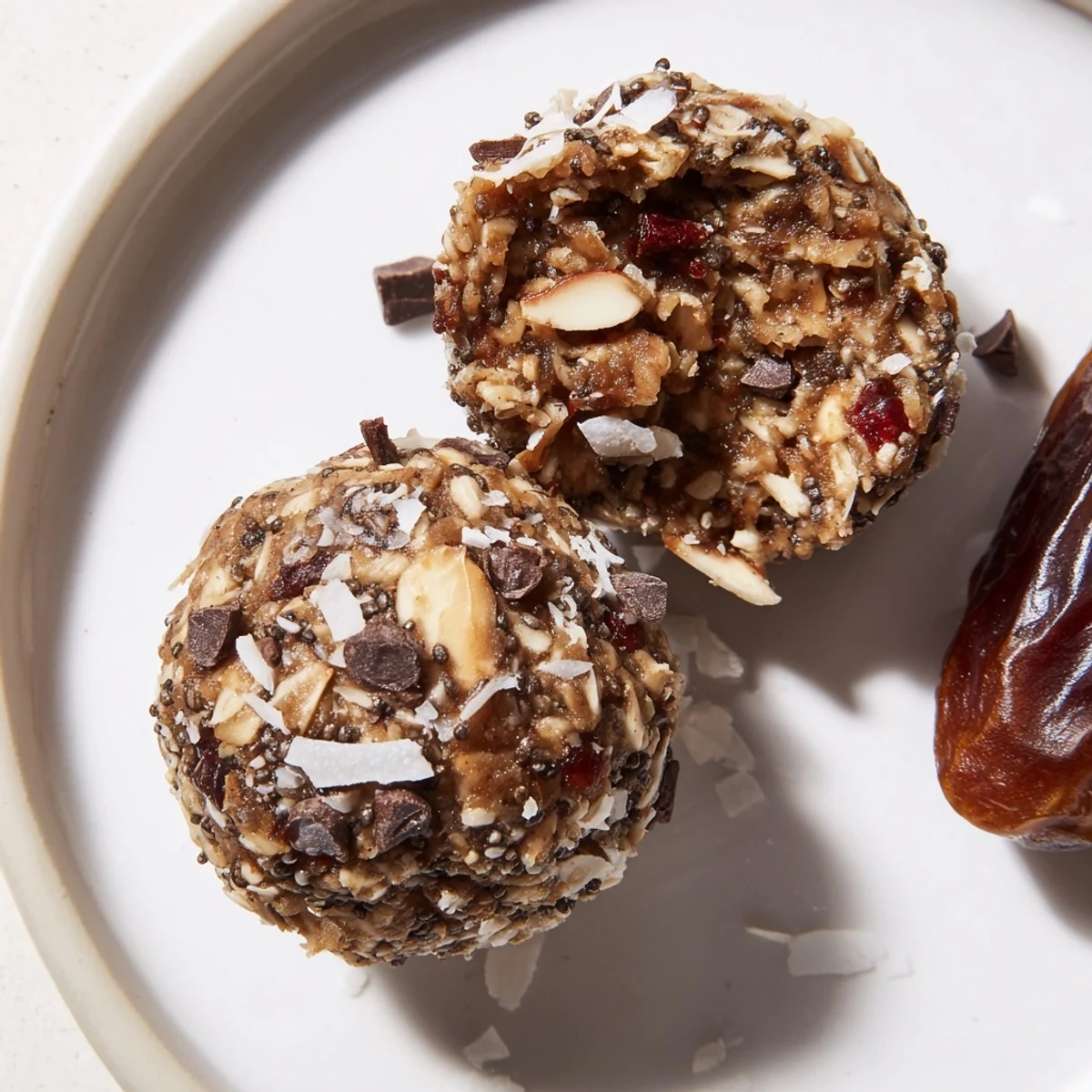 Homemade Date Energy Balls rolled in shredded coconut, perfect lunchbox snack.