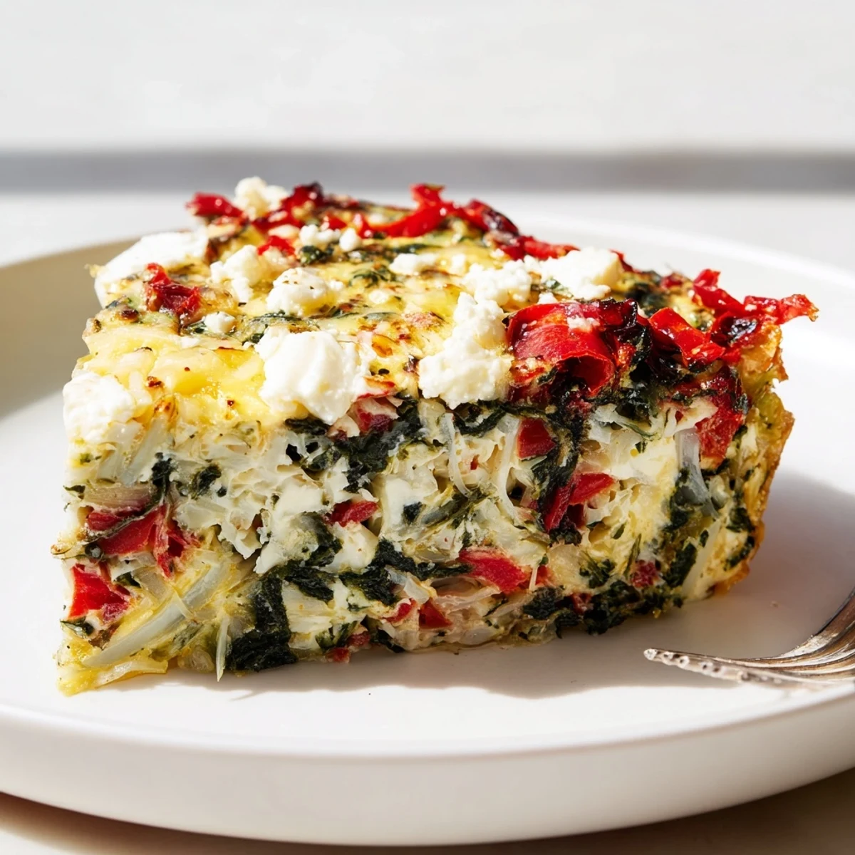 Skillet-browned Roasted Red Pepper Spinach Baked Frittata, creamy feta and melted mozzarella