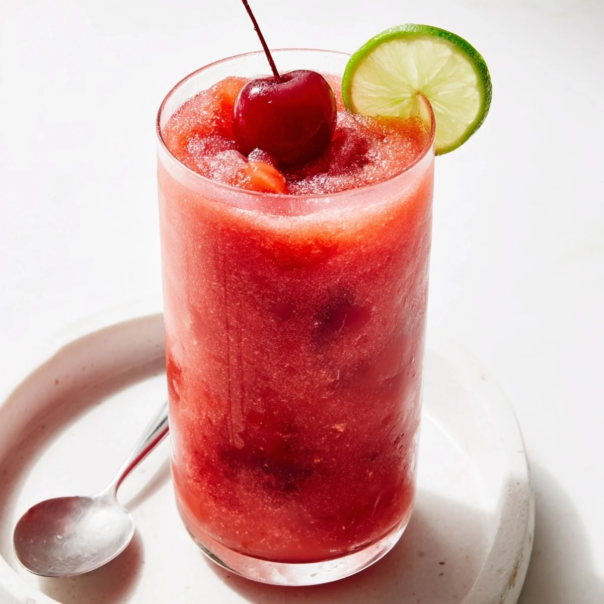 Refreshing Cherry Lime Sunrise Slush in chilled glasses, icy bright cherry aroma