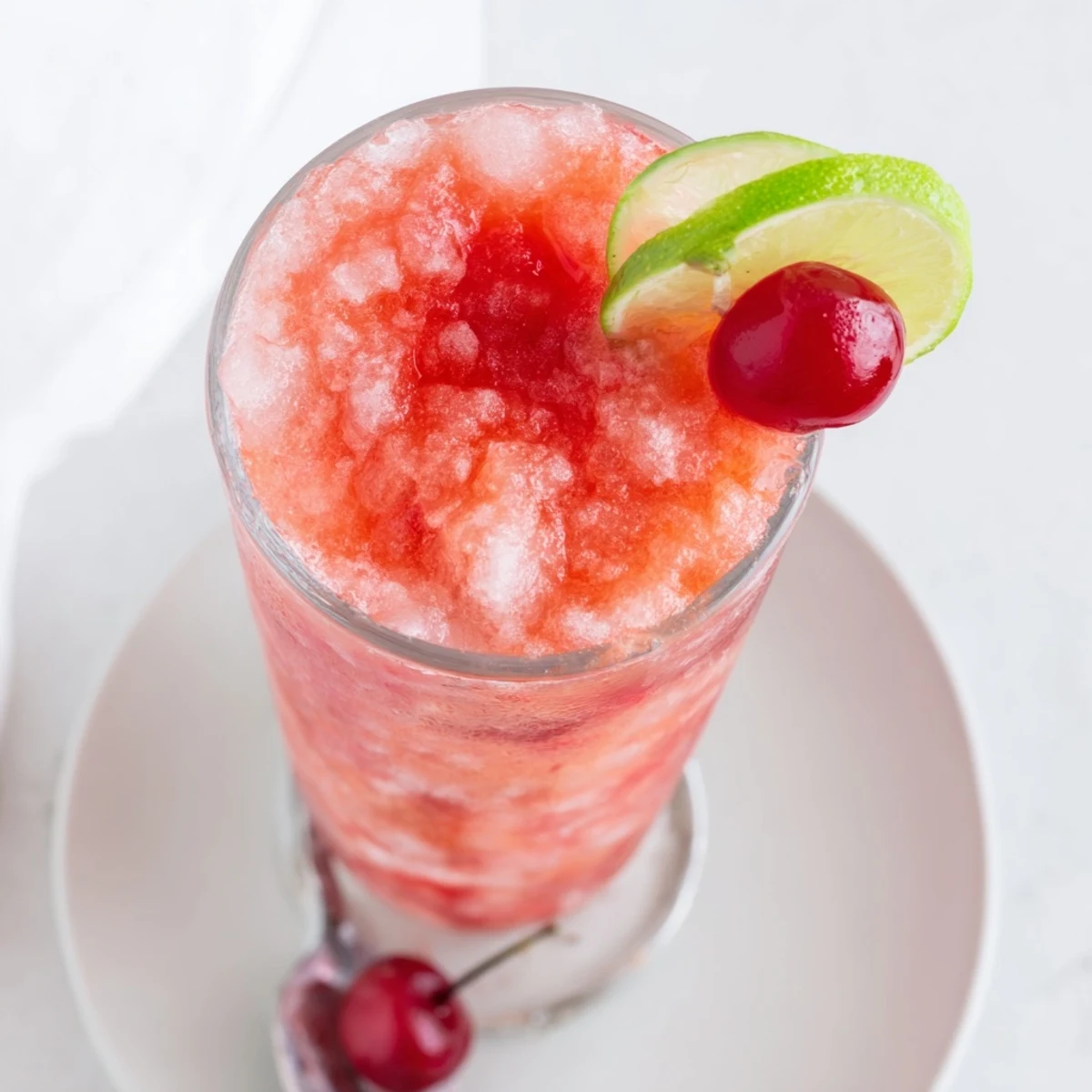 Frosty Refreshing Cherry Lime Sunrise Slush topped with lime slices and cherries