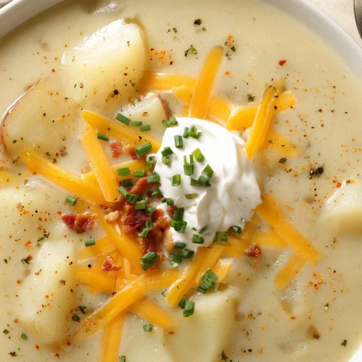 Creamy Cheddar Outback Potato Soup Delight steaming in bowl, bacon crumbles.