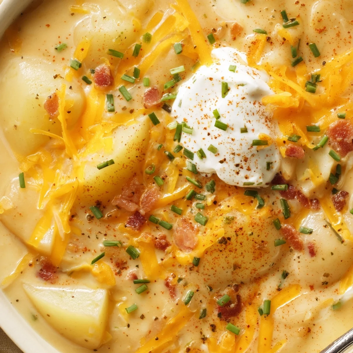 Bowl of Creamy Cheddar Outback Potato Soup Delight garnished with chives.